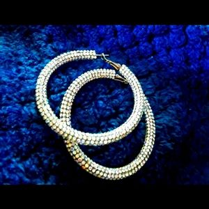 RHINESTONE SILVER HOOP   EARRINGS NEW